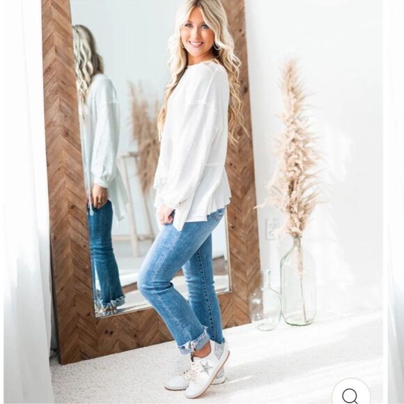 free people M Vada White Waffle Knit Crew Asymmetrical Long Sleeve Thermal Top - Picture 6 of 16
